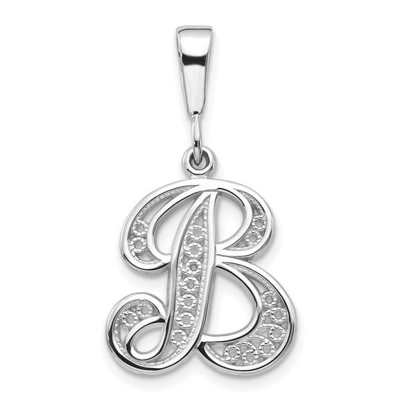 14K White Gold Solid Polished Script Filigree Letter B Initial Pendant